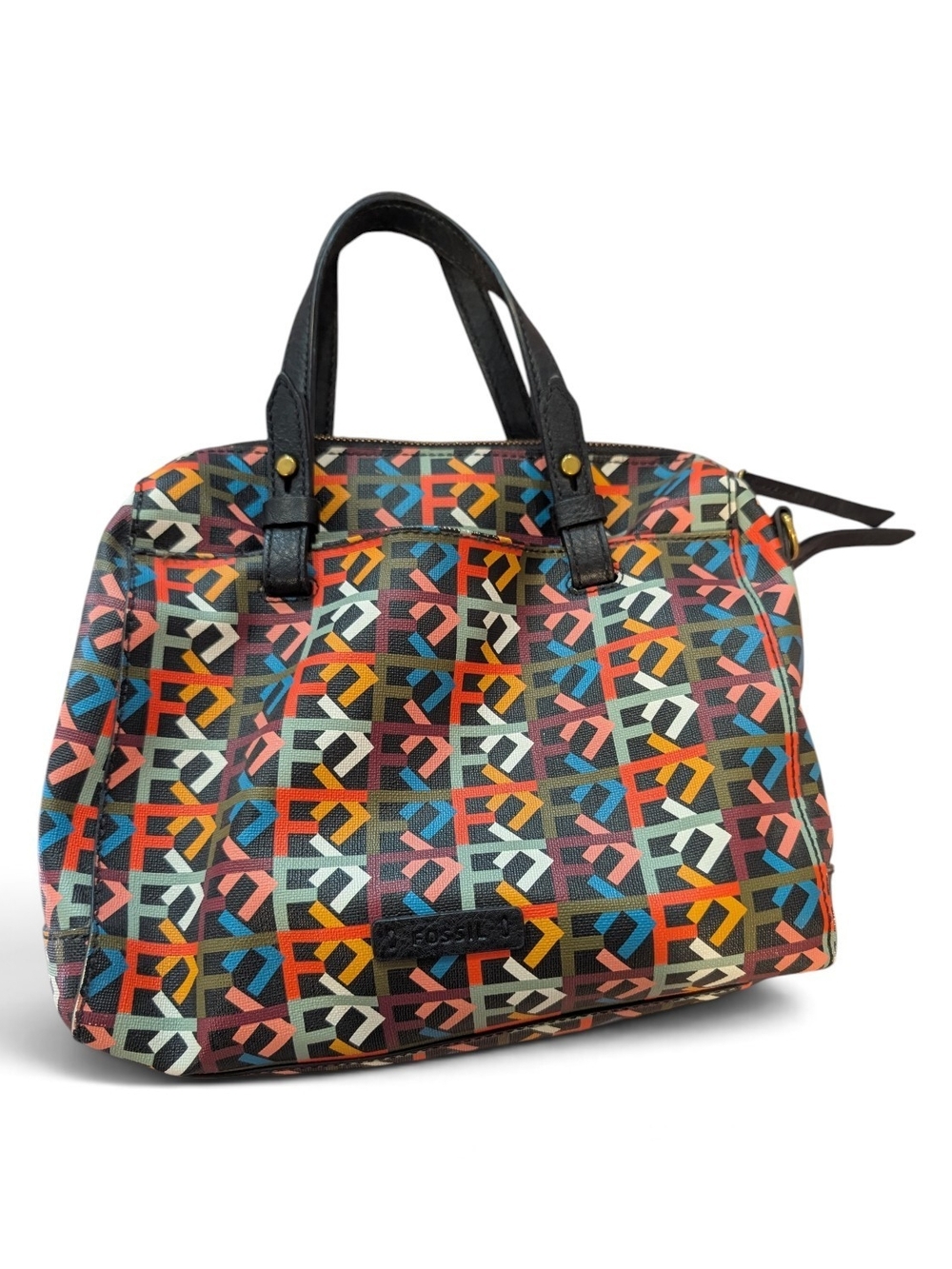 Fossil Rachel Multicolor Geometric Satchel with Black Handles